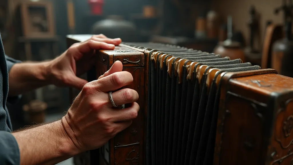 Hands caressing a vintage accordion