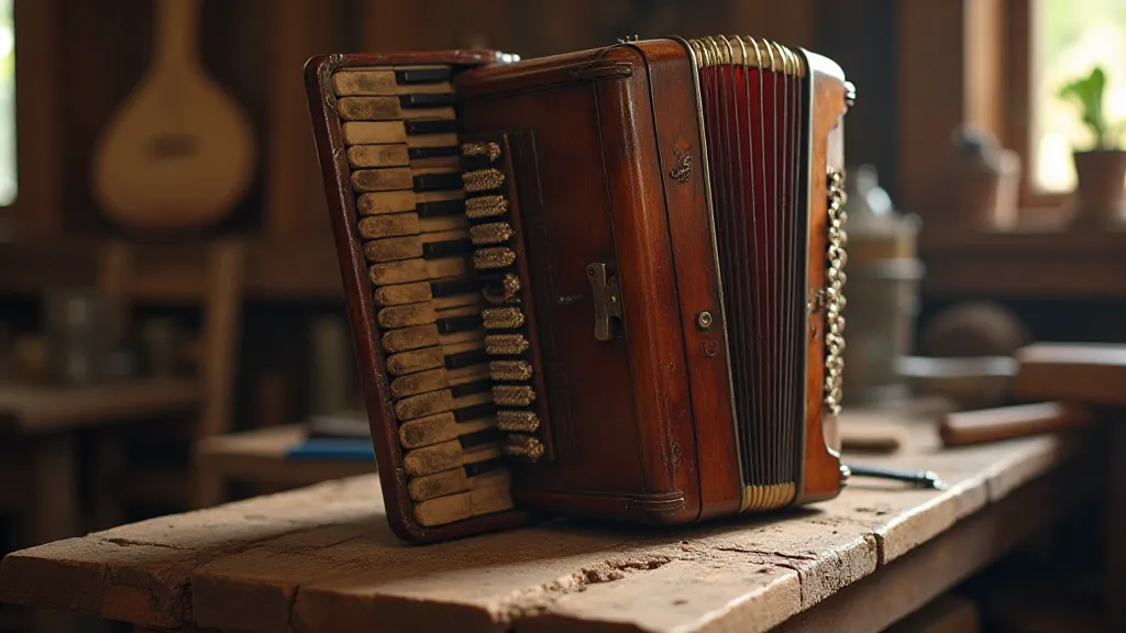 Antique accordion on a workbench