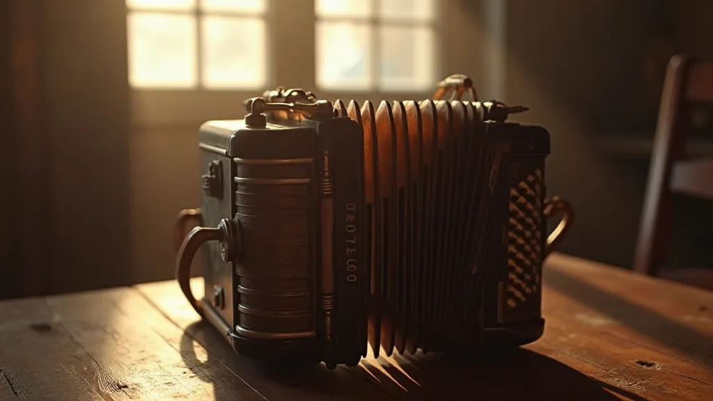 Antique accordion on wooden table