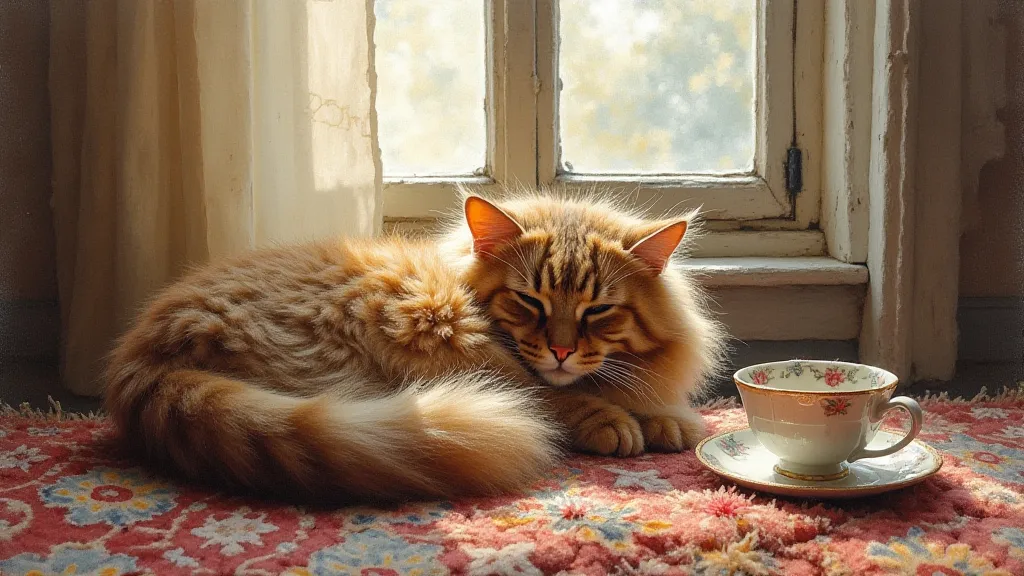 Maine Coon cat relaxing with a teacup