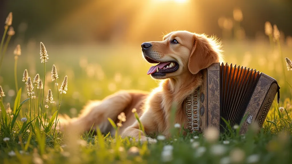 Dog resting in a meadow with an accordion