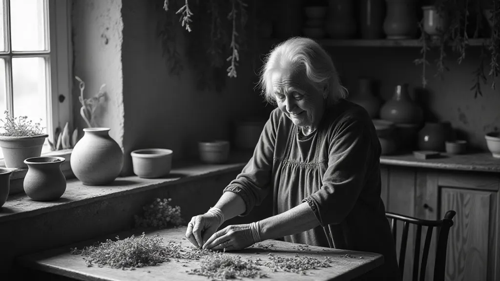 Elderly woman sorting dried herbs