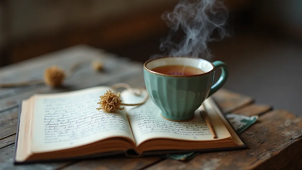 Mug of herbal tea and notebook of notes