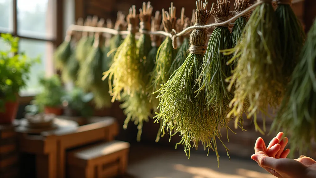 Herbs drying on twine, showcasing a natural remedy setting.