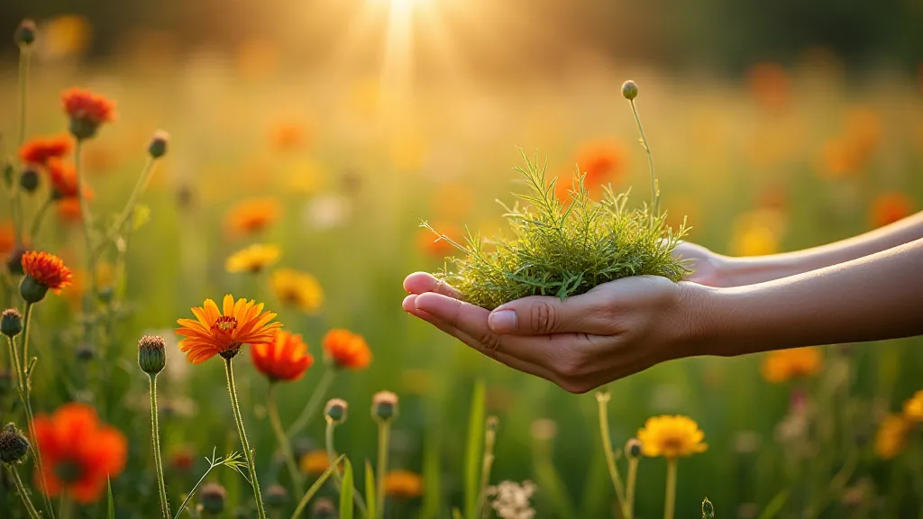 Person harvesting herbs in a meadow