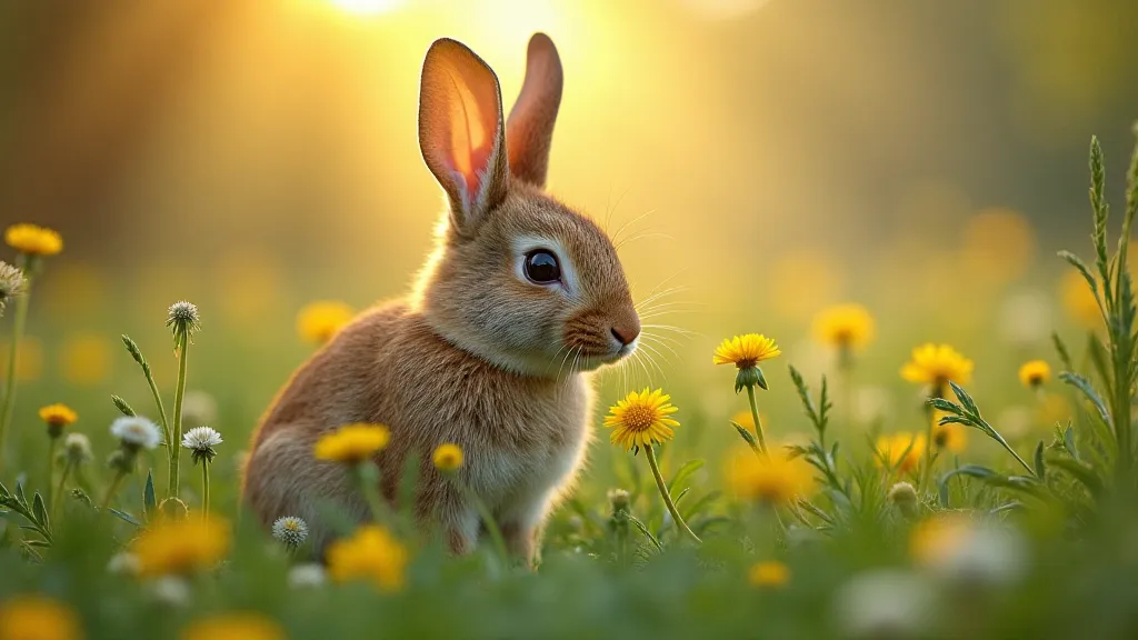 Rabbit grazing on dandelion leaves in a meadow.
